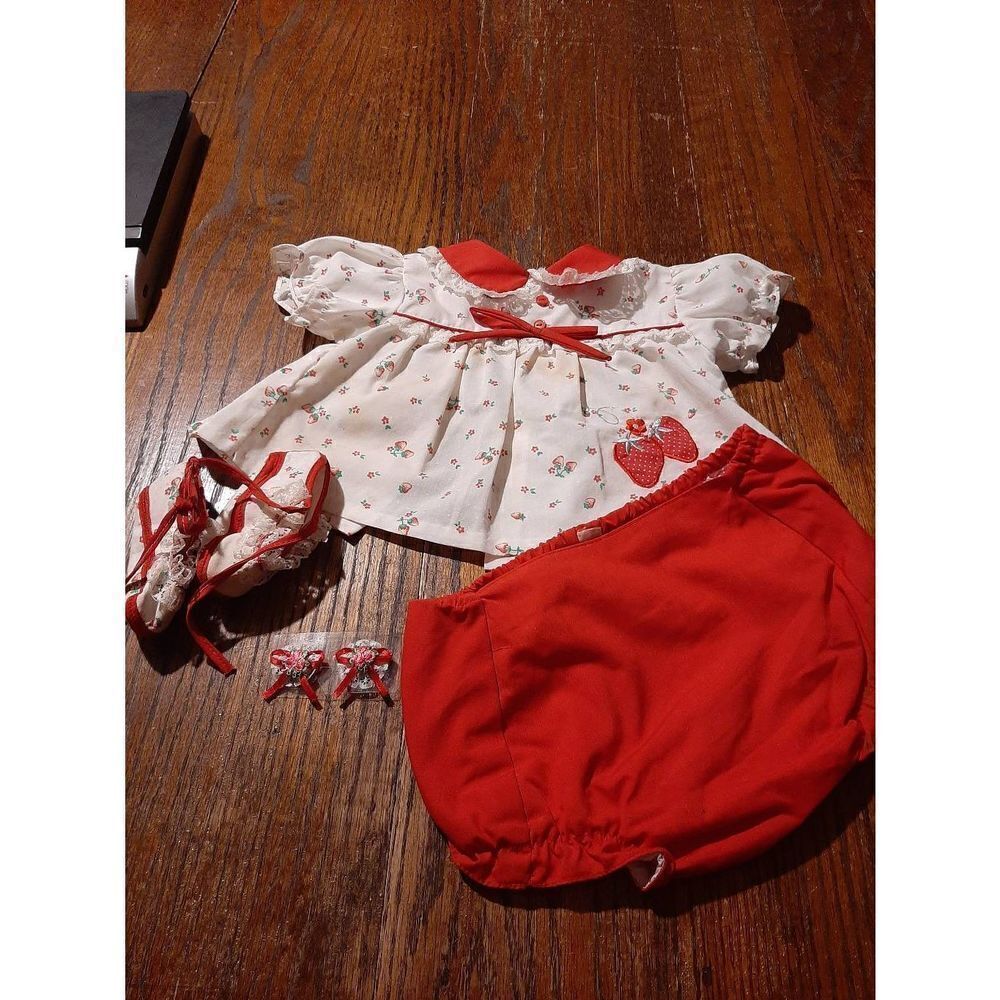 Vintage 6-9 Month Mayfair Red White Strawberry  Outfit Top Bottoms Booties Hair